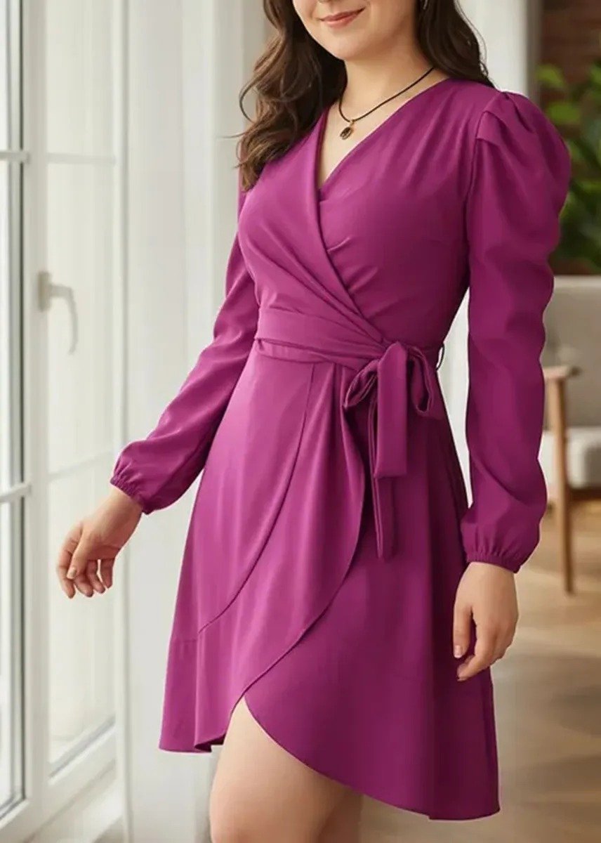 vestido corto de corte envolvente y manga larga de tecno crepe con 48% de descuento vestido corto de corte envolvente y manga larga de tecno crepe con 48% de descuento