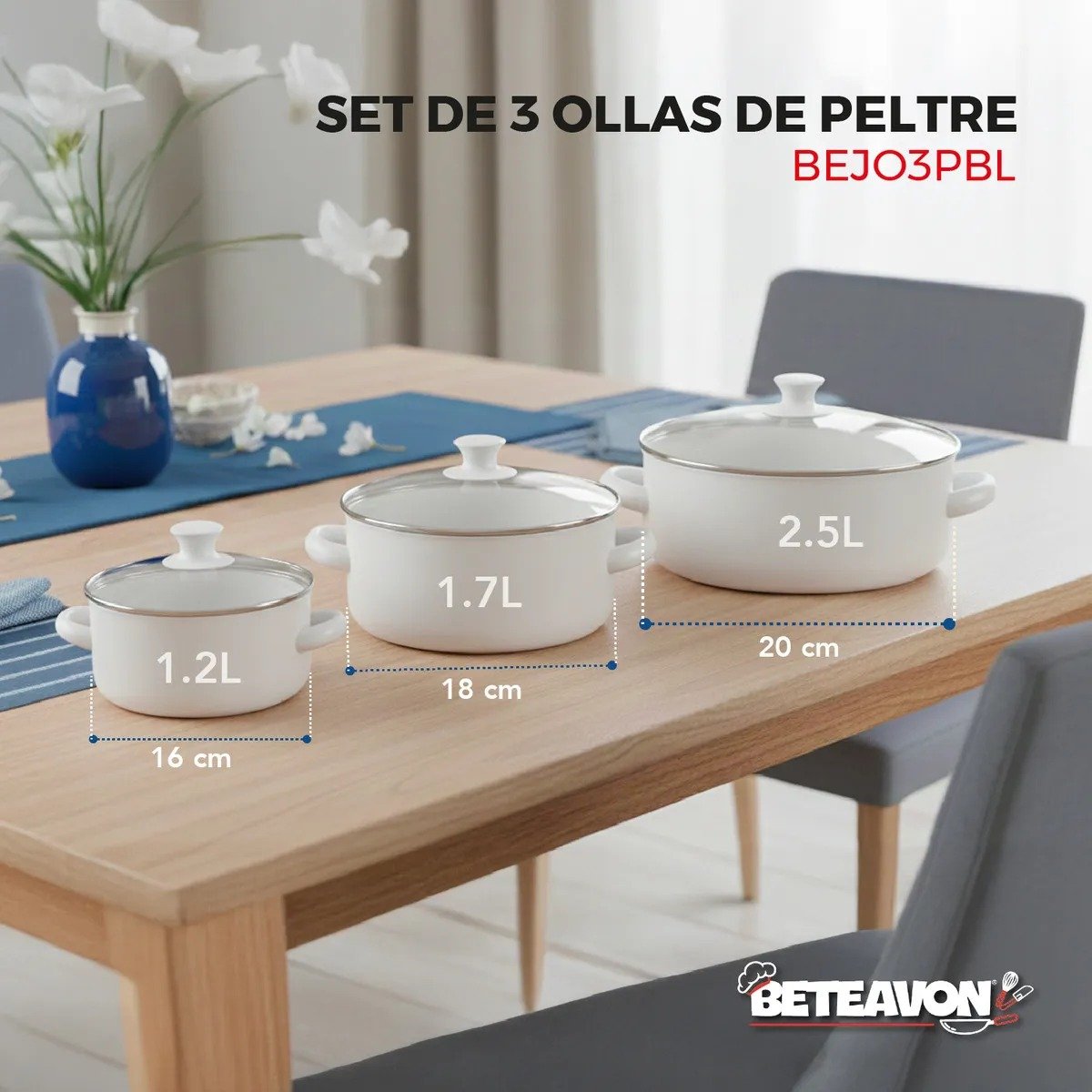 Juego de 3 Ollas de Peltre Beteavon con 50% de DESCUENTO